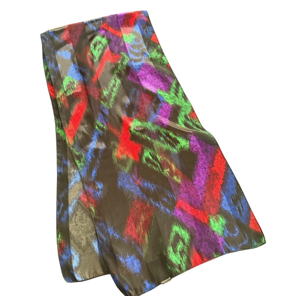 Vintage‎ Abstract Neon Ikat Print Long Scarf Multicolor Silk Feel 12x59